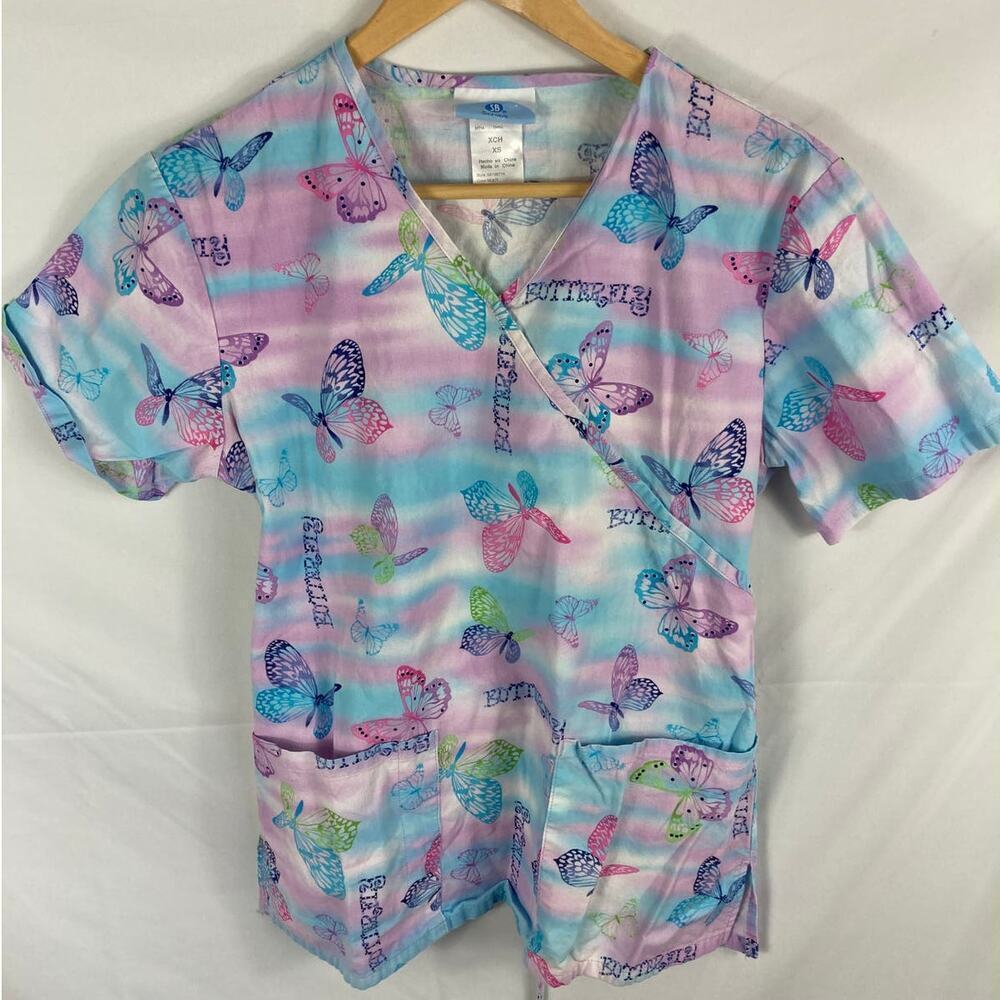 SB Scrubs Butterfly Short Sleeve Spring Summer Colorful Scrub Top Size XS